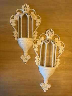Vintage Birdcage Wall Sconce Set, White Burwood 70s Wall Planters